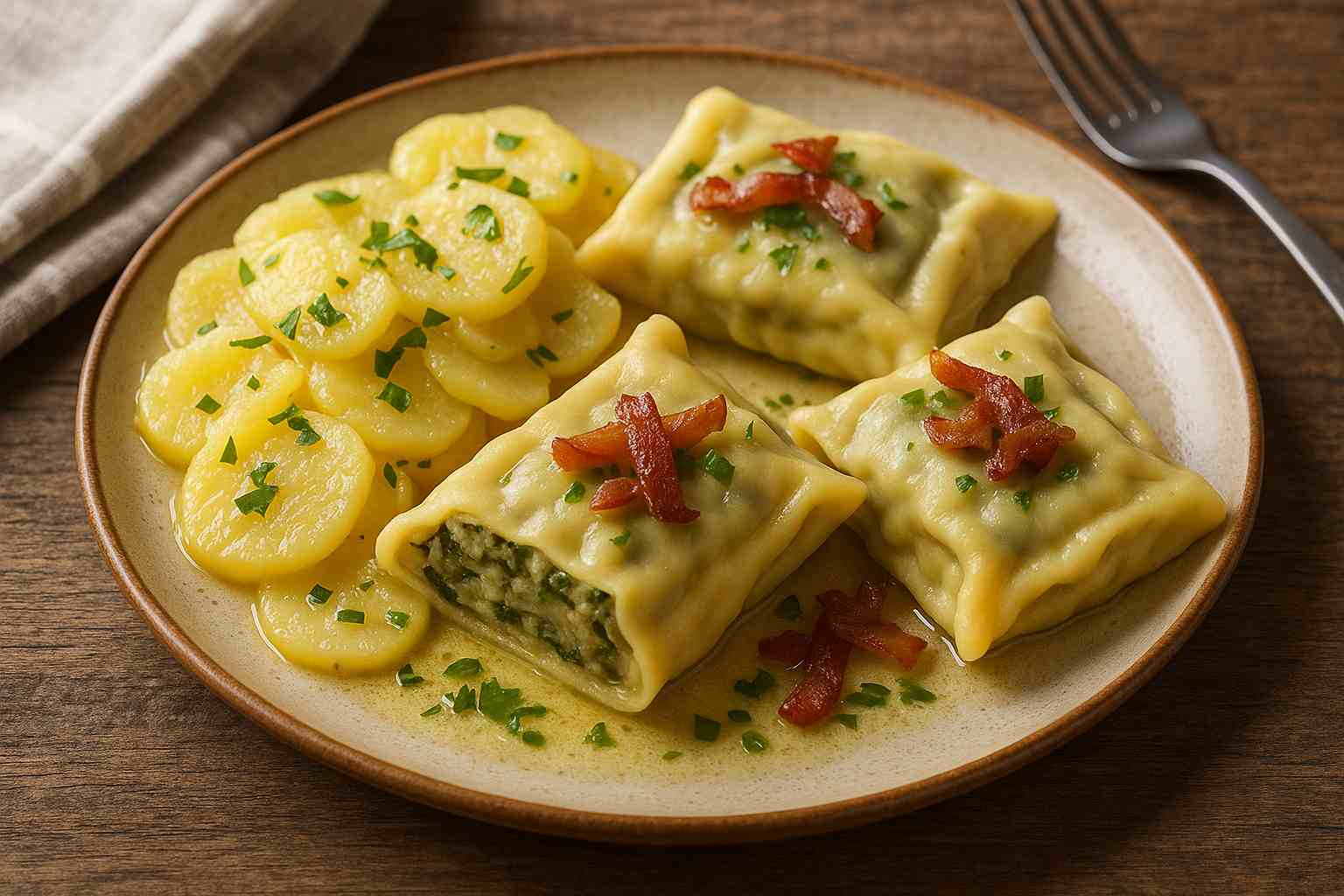 Traditionelle Maultaschen mit Kartoffelsalat